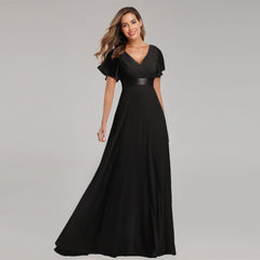 Plus Size V Neck Ribbon Waist Formal Evening Dress With Sleeves