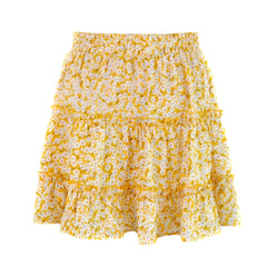 Yellow Daisy Floral Print Ruffle Trim Mid-High Rise Tiered Mini Skirt