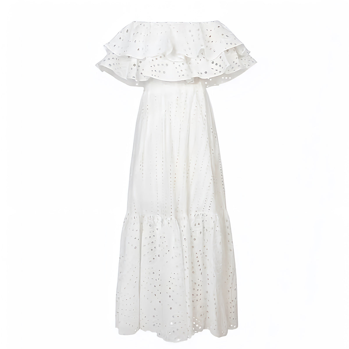 Athena White Eyelet Embroidered Layered Ruffle Smock Off Shoulder Maxi Dress