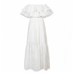 Athena White Eyelet Embroidered Layered Ruffle Smock Off Shoulder Maxi Dress