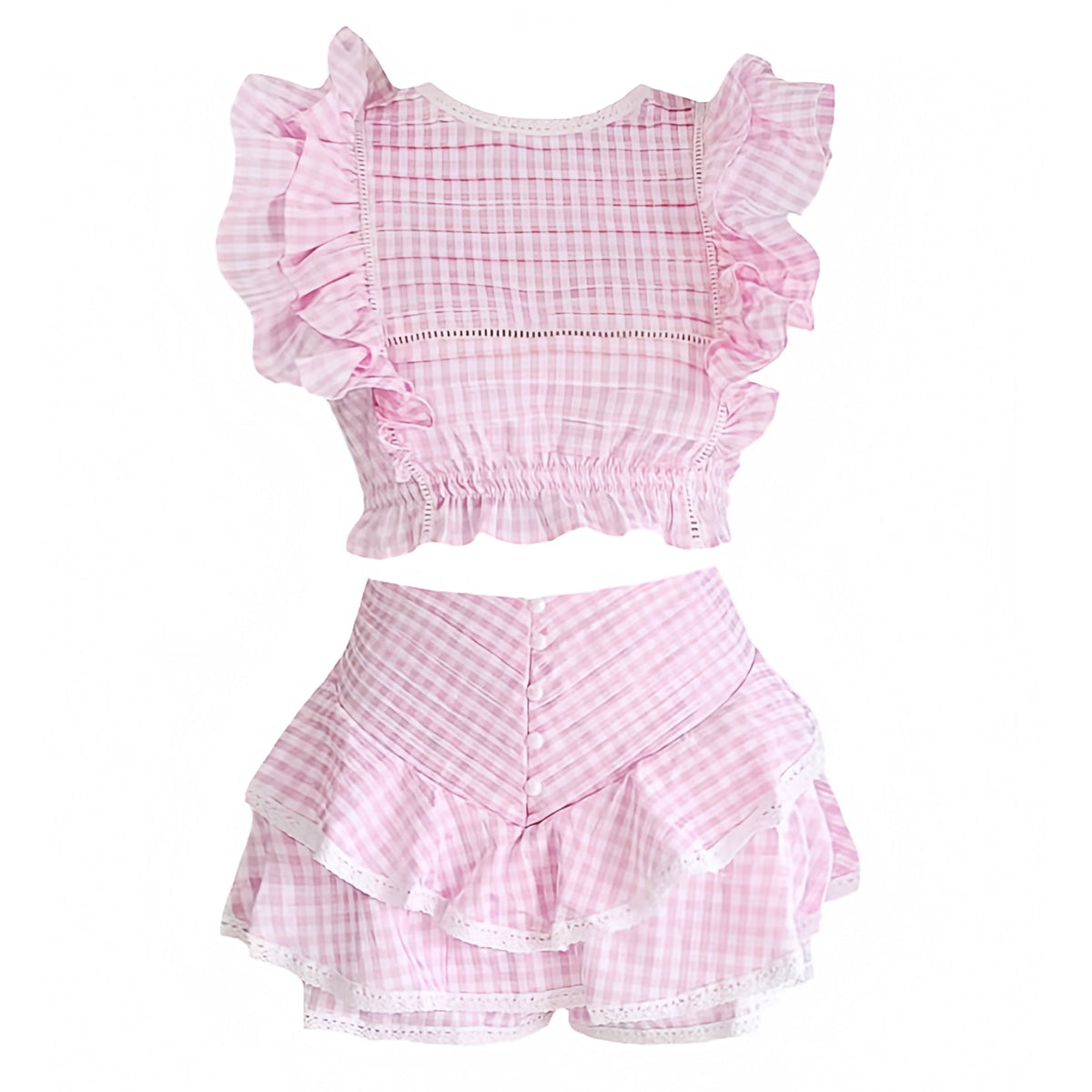 Light Pink Gingham Print Puff Sleeve Top & Layered Ruffle Mini Skirt Set