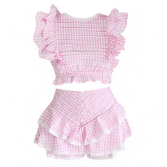 Light Pink Gingham Print Puff Sleeve Top & Layered Ruffle Mini Skirt Set