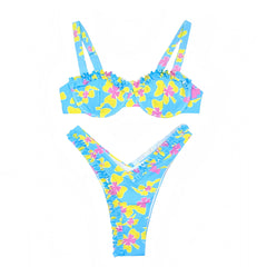 Kailani Multi-Color Floral Print Ruffle Trim Underwire 2 Piece Bikini Set