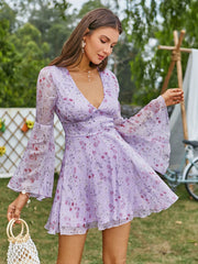 Bell Sleeve Floral Fantasy: Double Crazy Plunging Neck Chiffon Dress