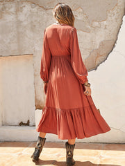 Rustic Charm: Half-Button Placket Lantern Sleeve Dress