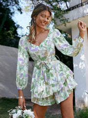 Floral Print Lantern Sleeve Romper with Belted Layered Ruffles