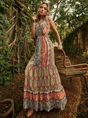 Blossoming Beauty: Boho Floral Print Cami Dress with Tie Shoulders and Ruffle Hem