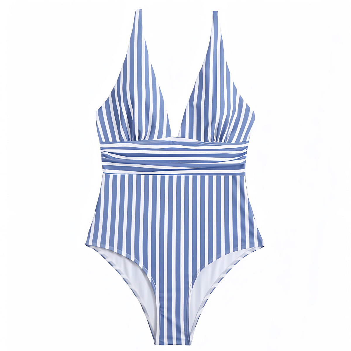 Sag Harbor Light Blue Striped Seersucker V-Neck One Piece Swimsuit