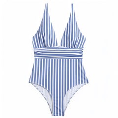Sag Harbor Light Blue Striped Seersucker V-Neck One Piece Swimsuit
