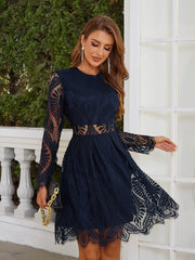 Elegant and Sophisticated with Sheer Insert Scallop Trim Lace Dress