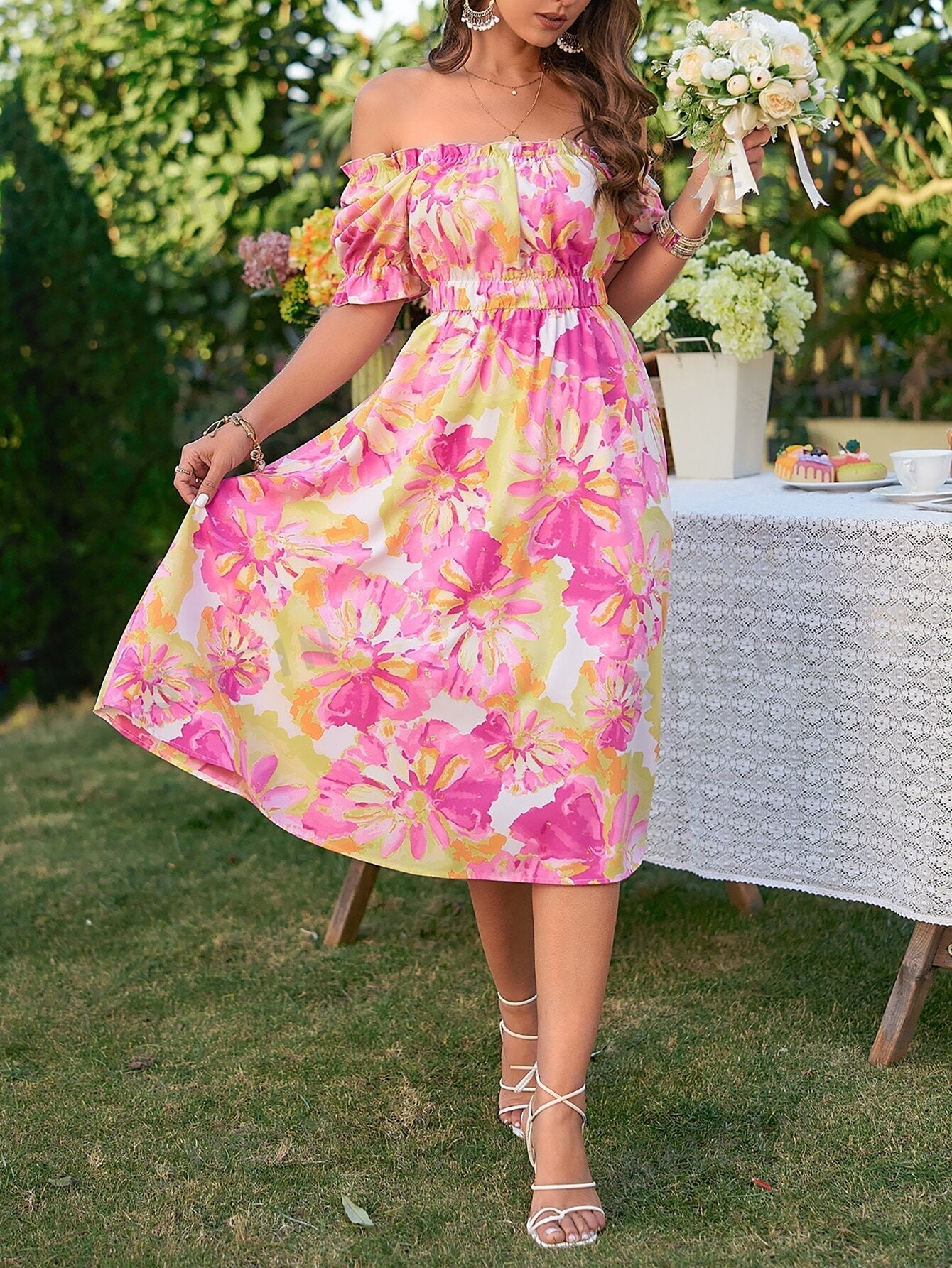 Summertime Chic: Floral A-line Dress with Flounce Sleeves