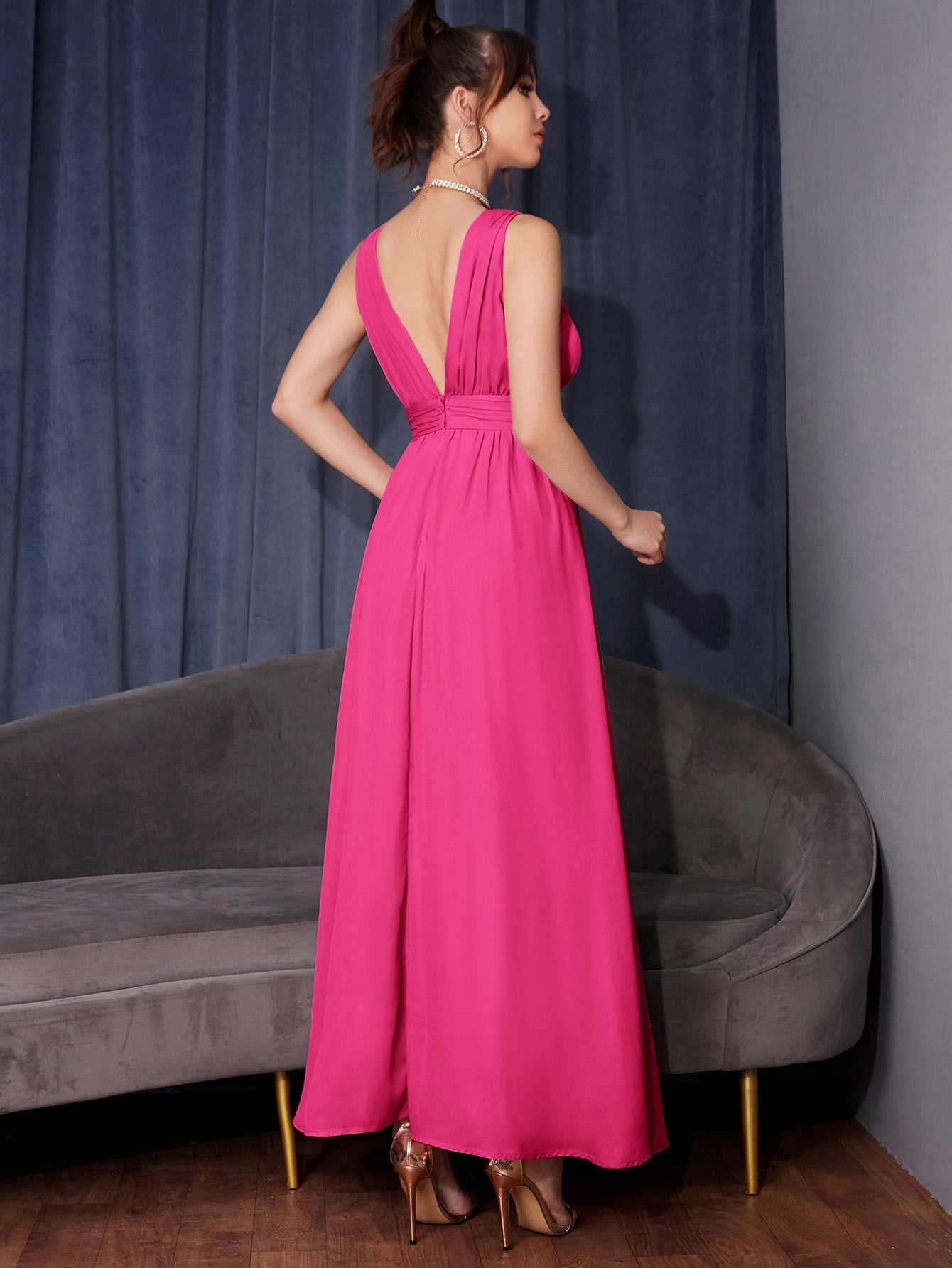 Graceful Elegance: Women's Solid Color Deep V-Neck High Split Dress