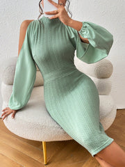 Mint Green Dream: Solid Cold Shoulder Lantern Sleeve Bodycon Dress
