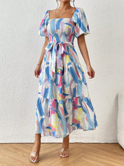 Brush Print Ruffle Hem Belted Dress - A Perfect Summer Wardrobe Essential