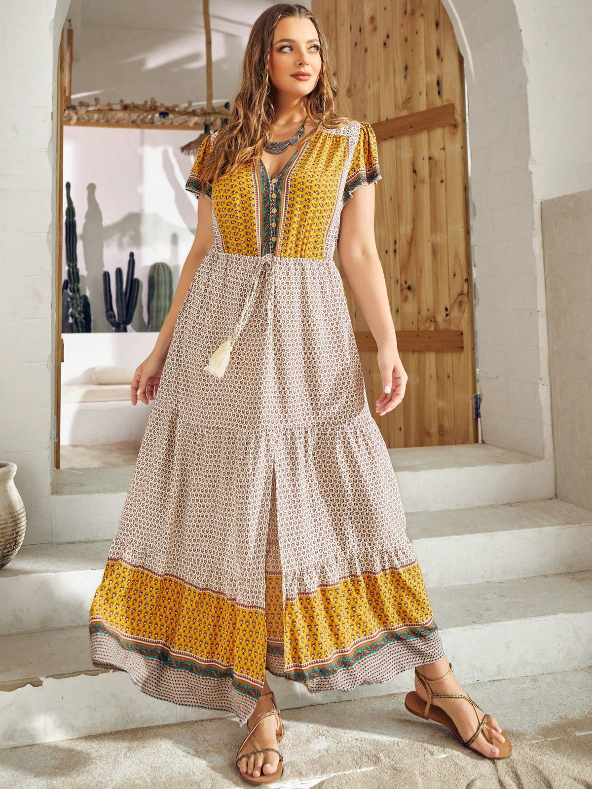 Heart Print Plus Size Dress with Tassel Tie Front and Ruffle Hem