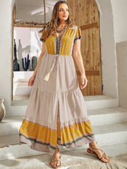 Heart Print Plus Size Dress with Tassel Tie Front and Ruffle Hem