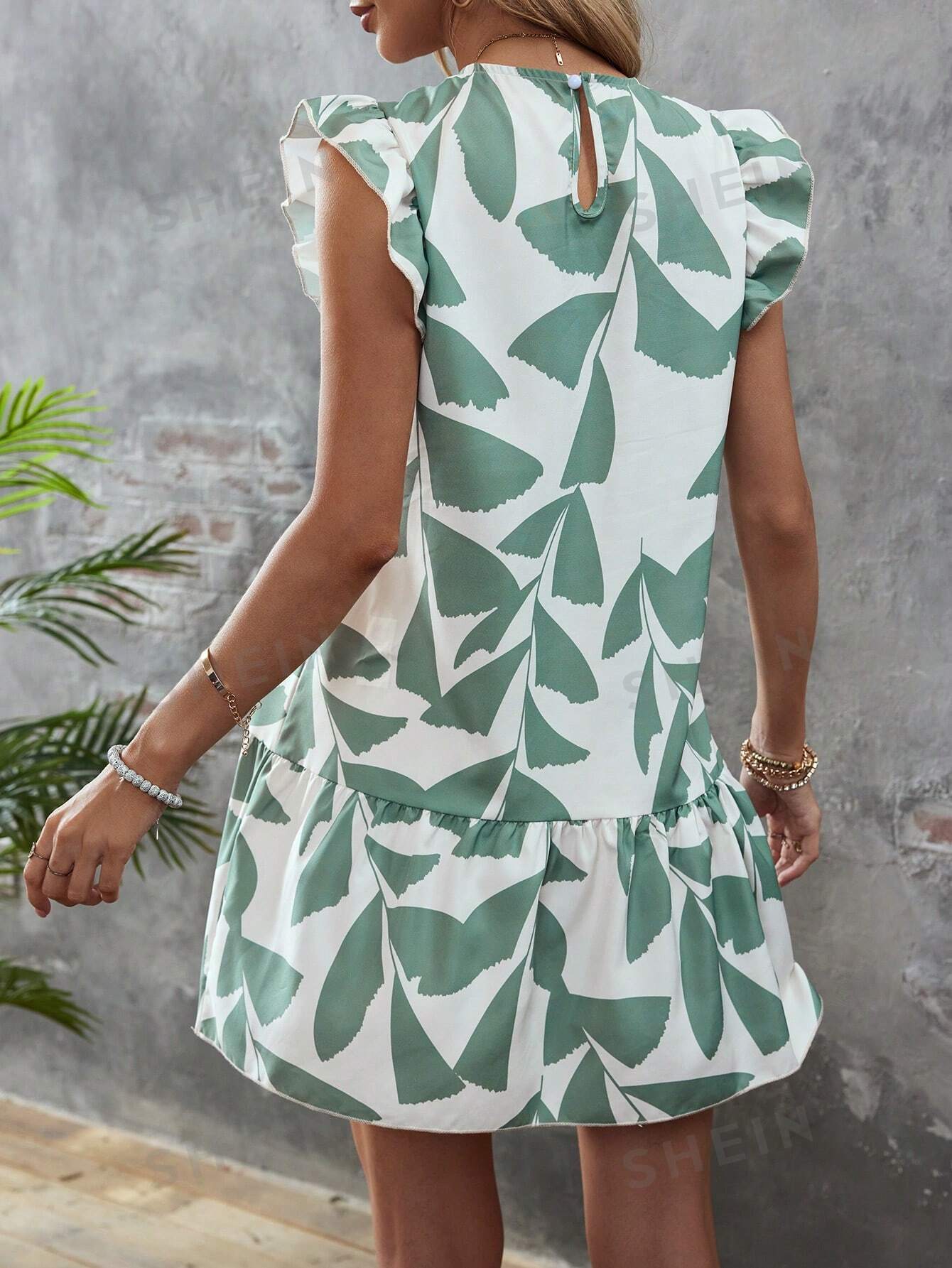 Summer Splendor: Leaf Print Ruffle Trim Smock Dress