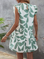 Summer Splendor: Leaf Print Ruffle Trim Smock Dress