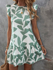 Summer Splendor: Leaf Print Ruffle Trim Smock Dress