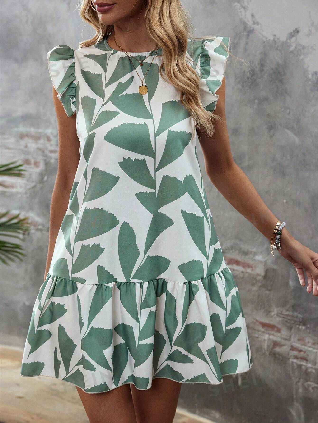 Summer Splendor: Leaf Print Ruffle Trim Smock Dress