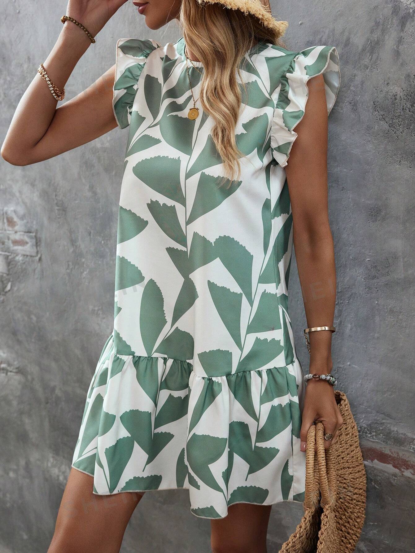 Summer Splendor: Leaf Print Ruffle Trim Smock Dress