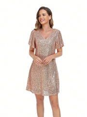Glamorous Sequin V-Neck Dress with Flounce Sleeves