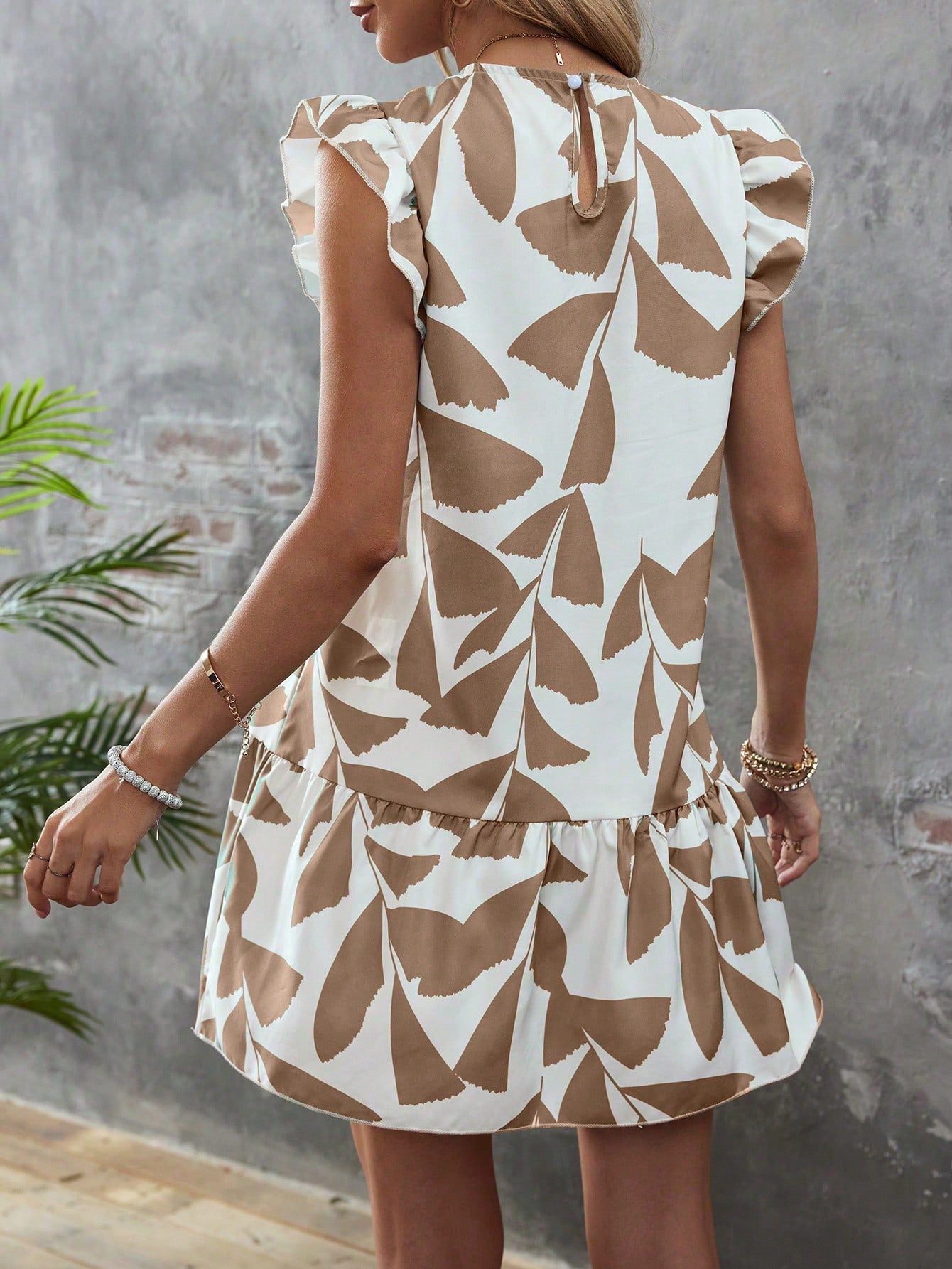 Summer Splendor: Leaf Print Ruffle Trim Smock Dress