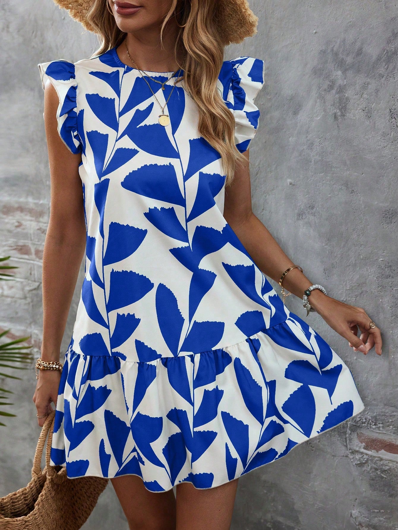 Summer Splendor: Leaf Print Ruffle Trim Smock Dress