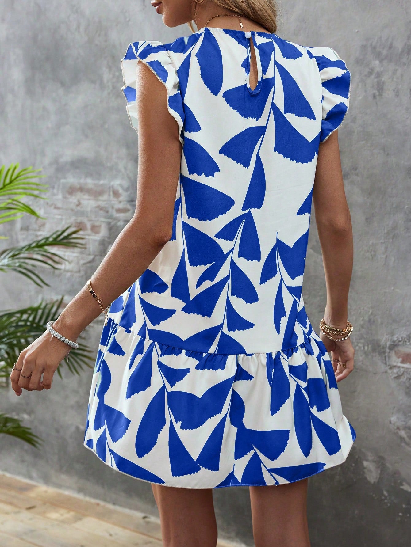 Summer Splendor: Leaf Print Ruffle Trim Smock Dress