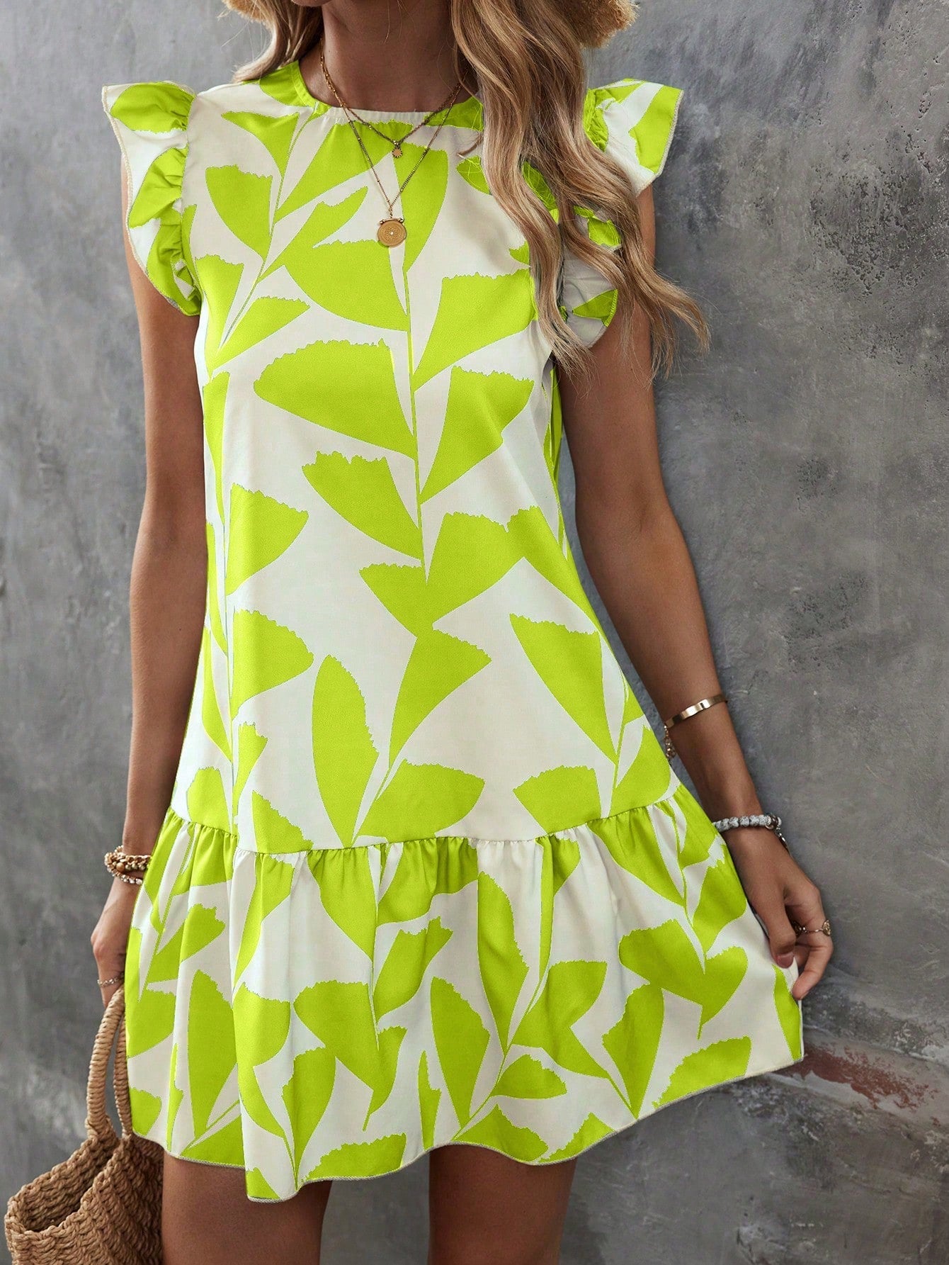 Summer Splendor: Leaf Print Ruffle Trim Smock Dress