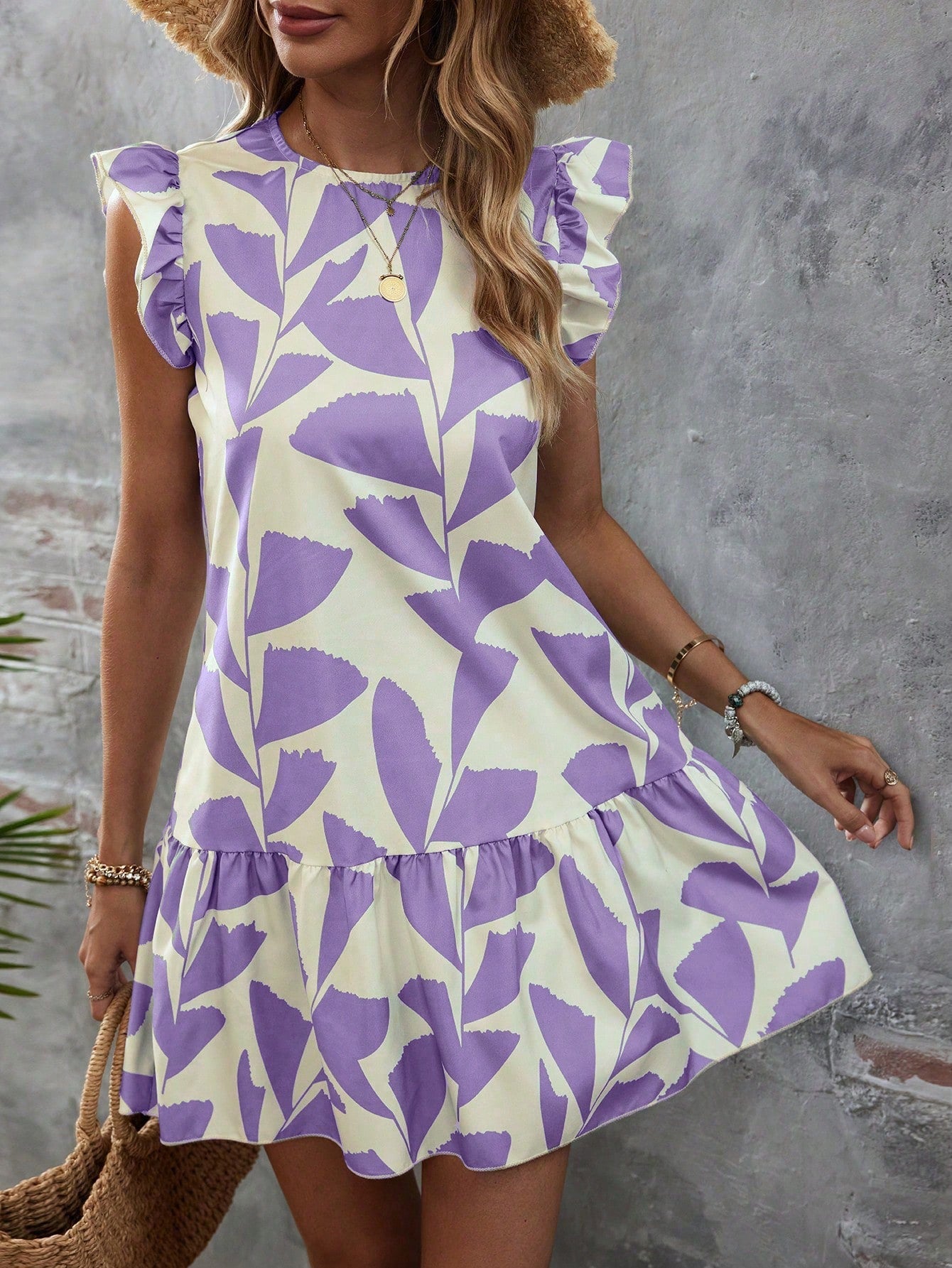 Summer Splendor: Leaf Print Ruffle Trim Smock Dress