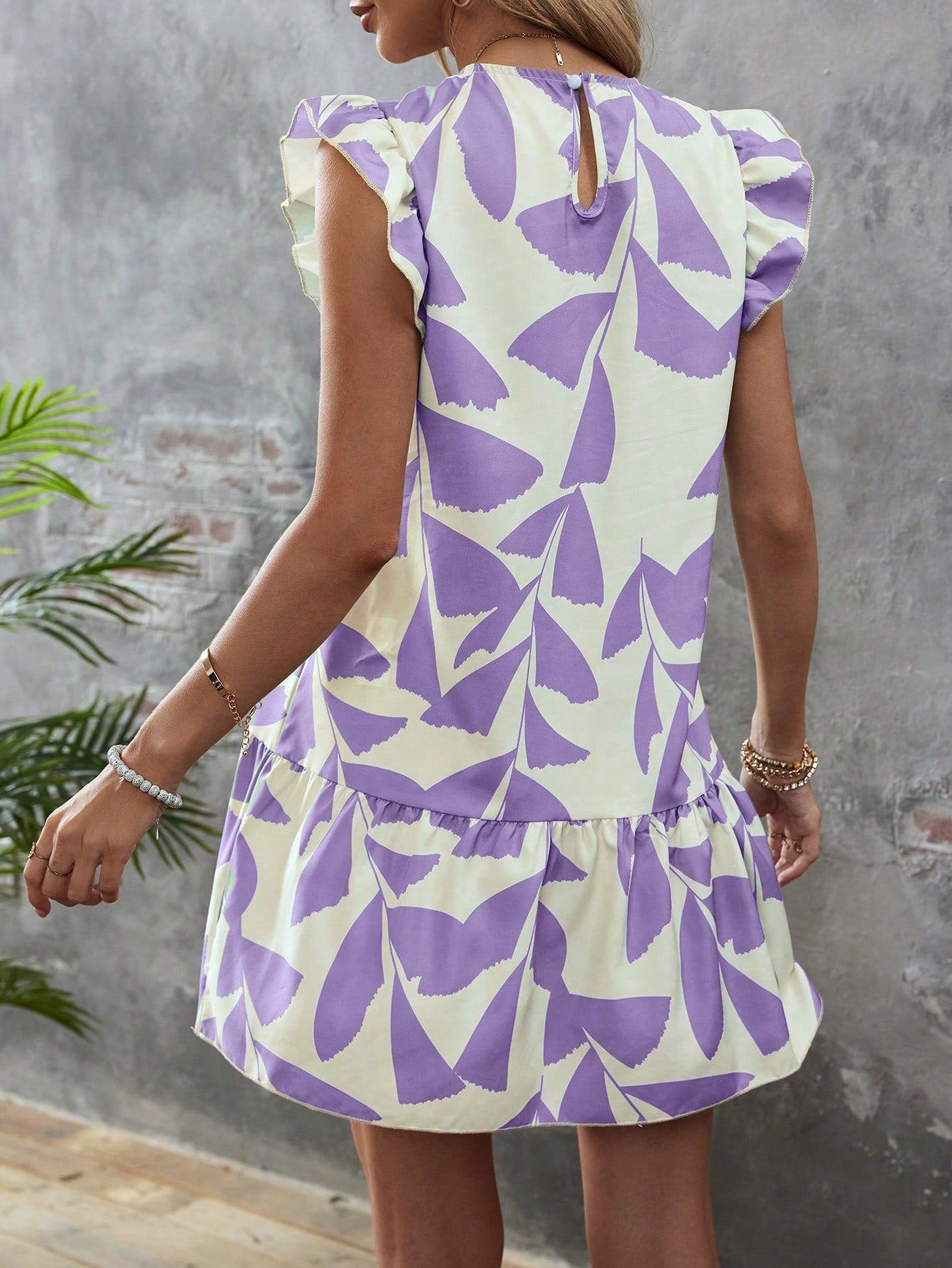 Summer Splendor: Leaf Print Ruffle Trim Smock Dress