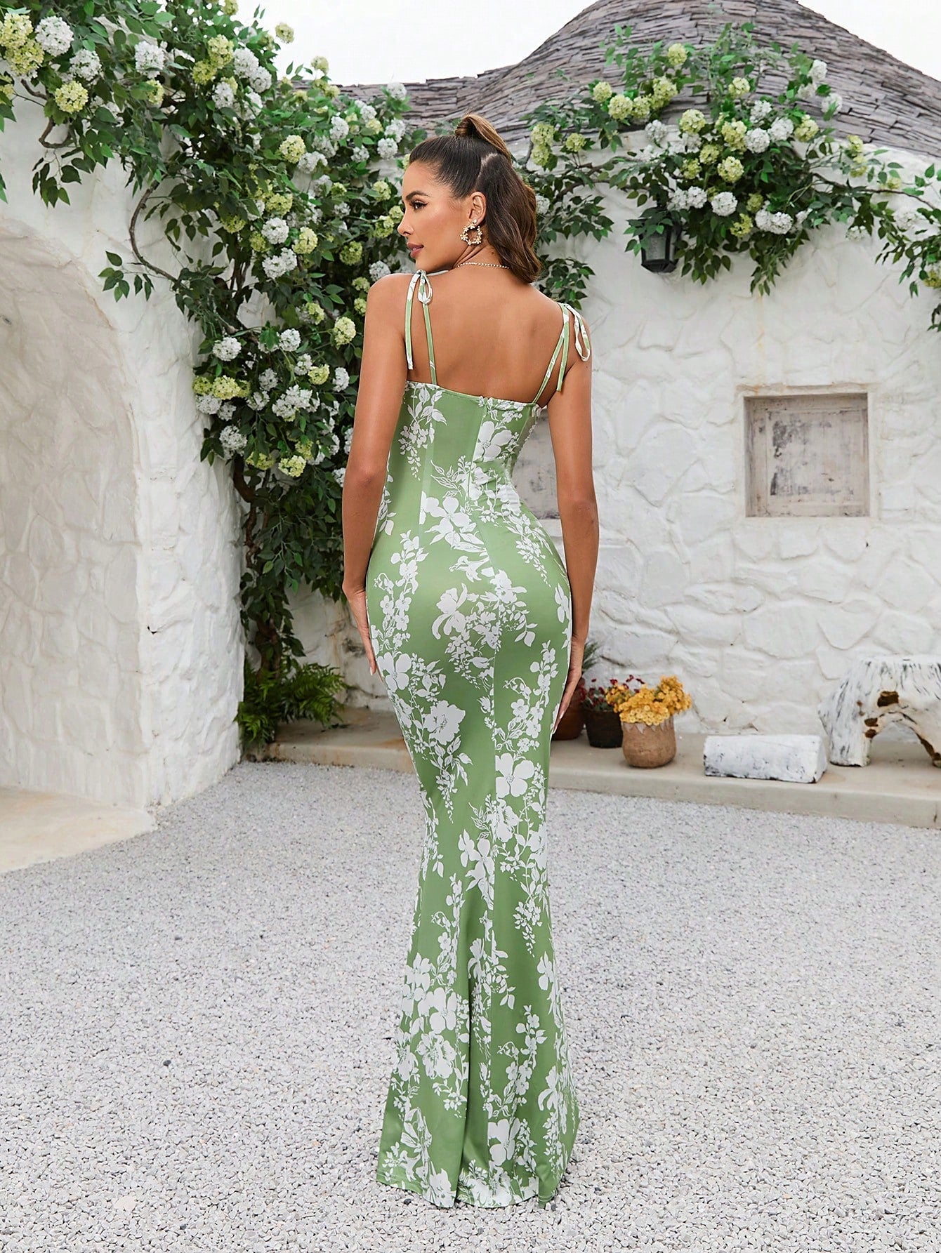 Floral Fantasy: Lace-Up Mermaid Hem Ruched Maxi Dress
