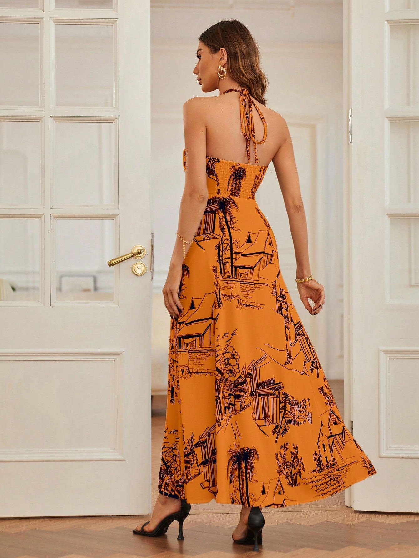 Cozy and Chic: Houses Print Halter Neck Casual Dress