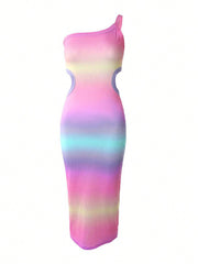 Radiant Ombre One-Shoulder Bodycon Dress with Waist Cut-Out Detail