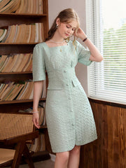 Mint Green: Solid Color Square Neck Button Front Dress