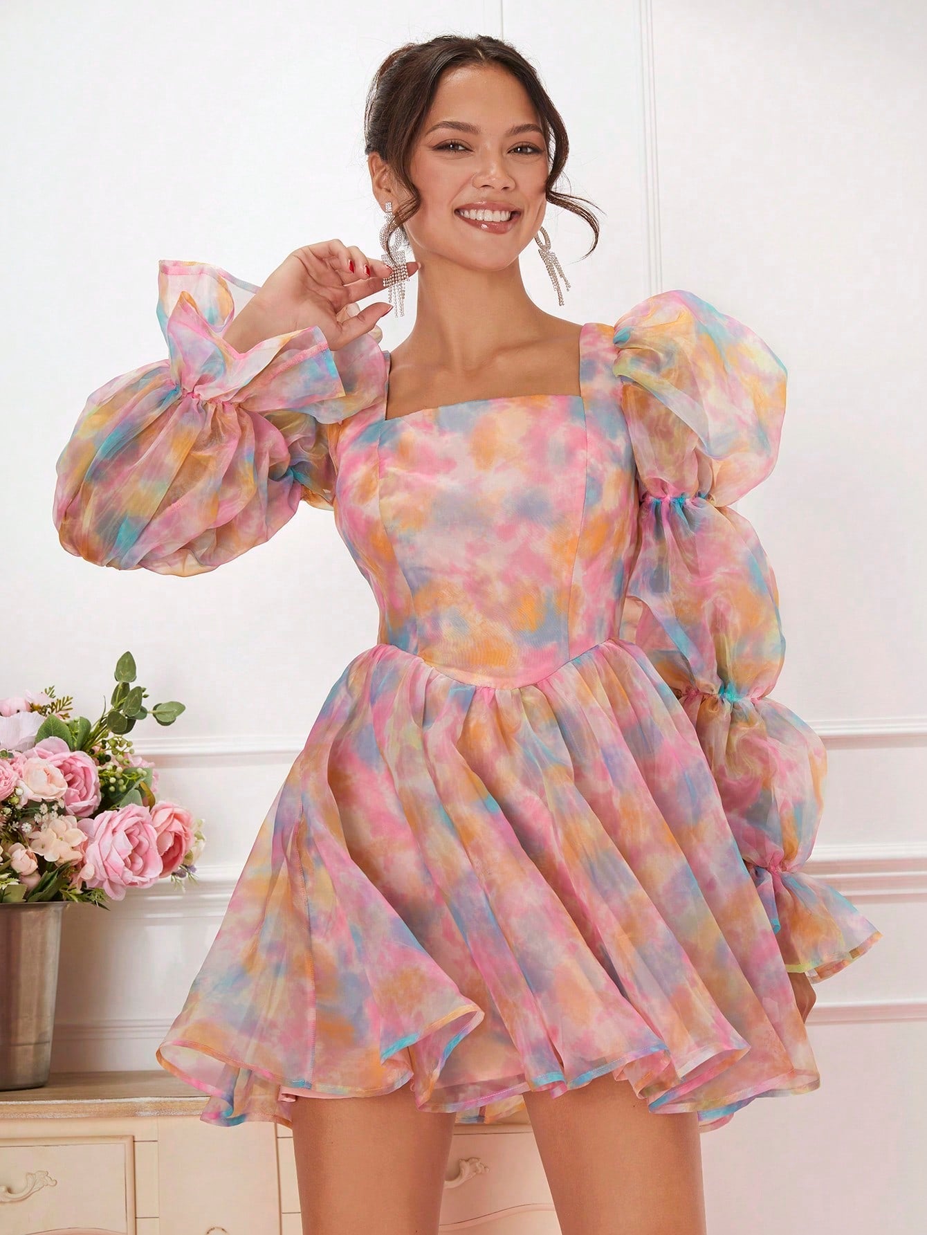 Enchanted Garden: Colorful Puff Sleeve Tie-Dye Dress for Women