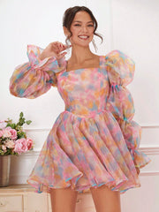 Enchanted Garden: Colorful Puff Sleeve Tie-Dye Dress for Women