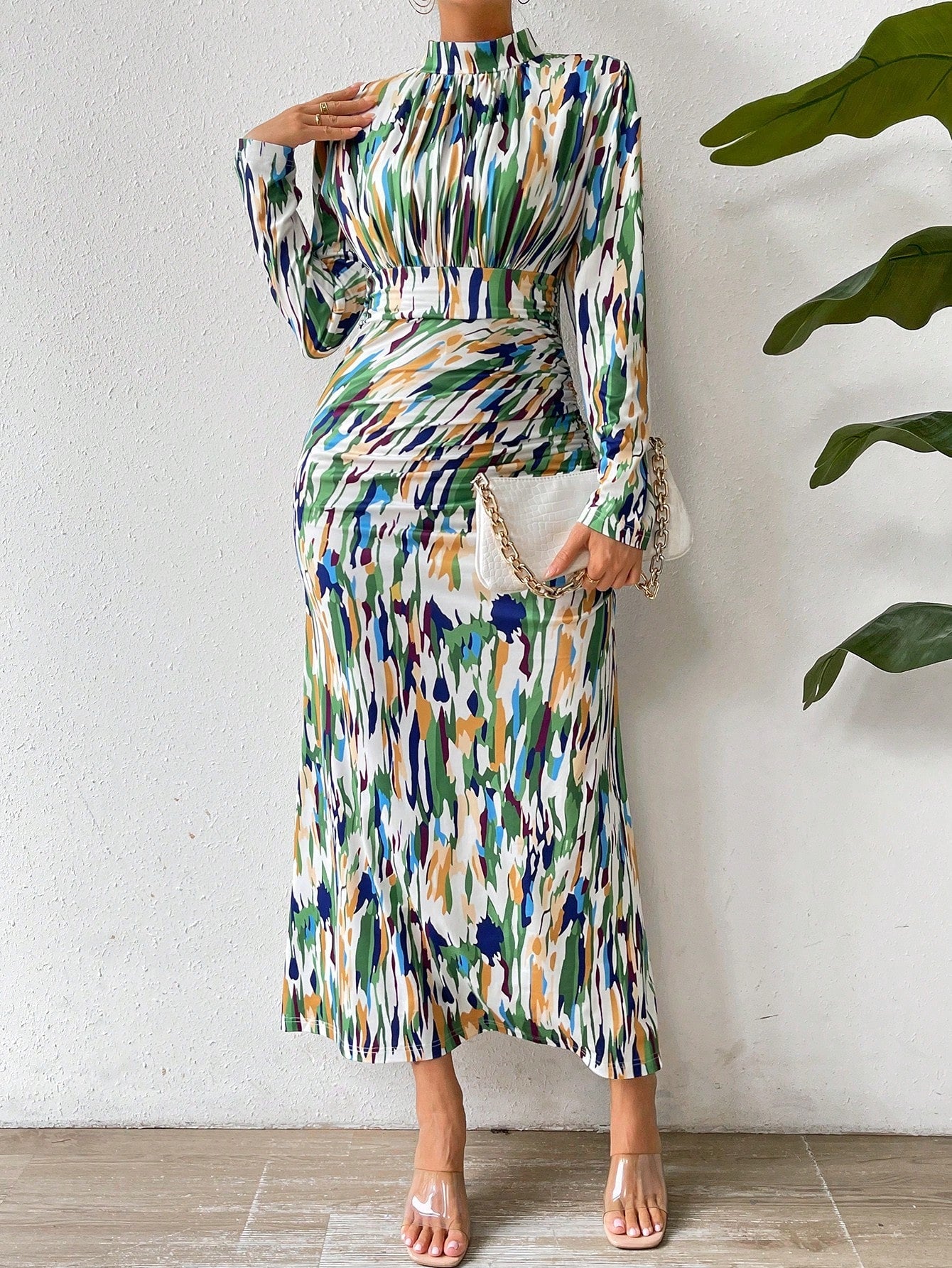 Stylish Sophistication: Printed Standing Collar Pleated Dress
