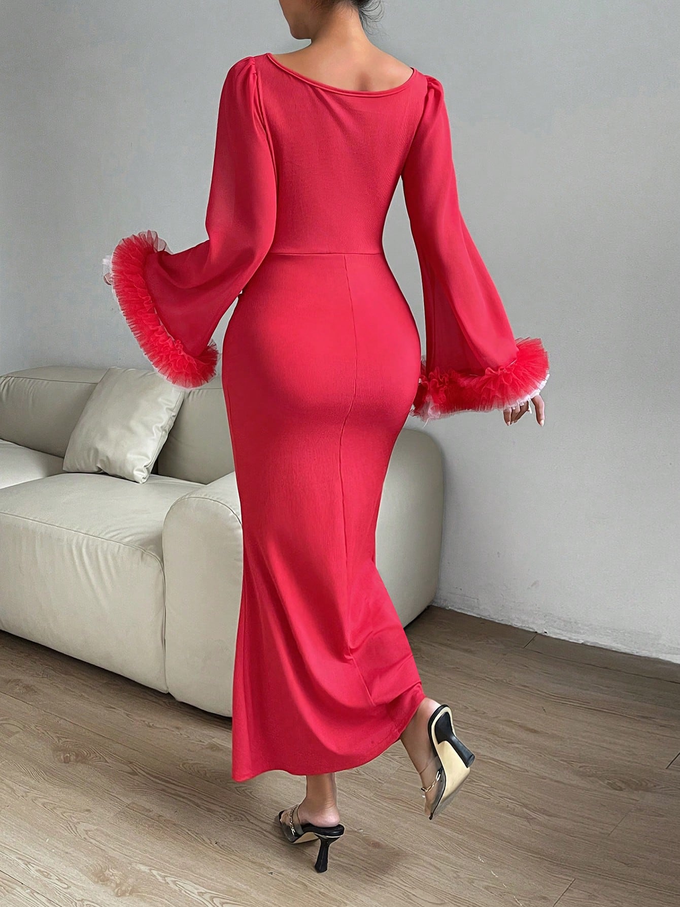 Elegance Personified: Purple Ruffle Trim Trumpet Sleeve Mermaid Hem Dress