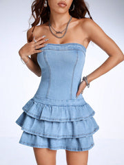 Bare Shoulders Babe: Blue Elastic Strapless Denim Mini Dress