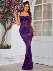 Floral Fantasy: Lace-Up Mermaid Hem Ruched Maxi Dress