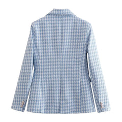 Light Blue Houndstooth Tweed Gold Button Blazer
