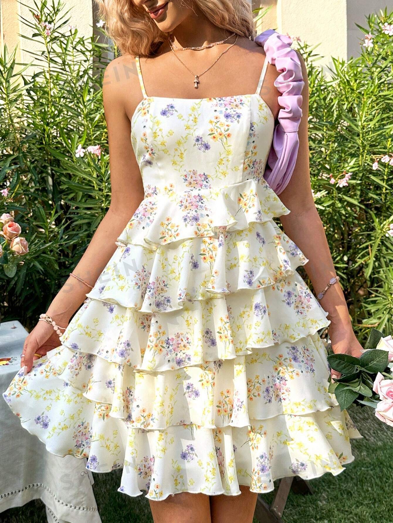 Sun-kissed Blooms: Floral Printed Tiered Cami Dress for Vacation
