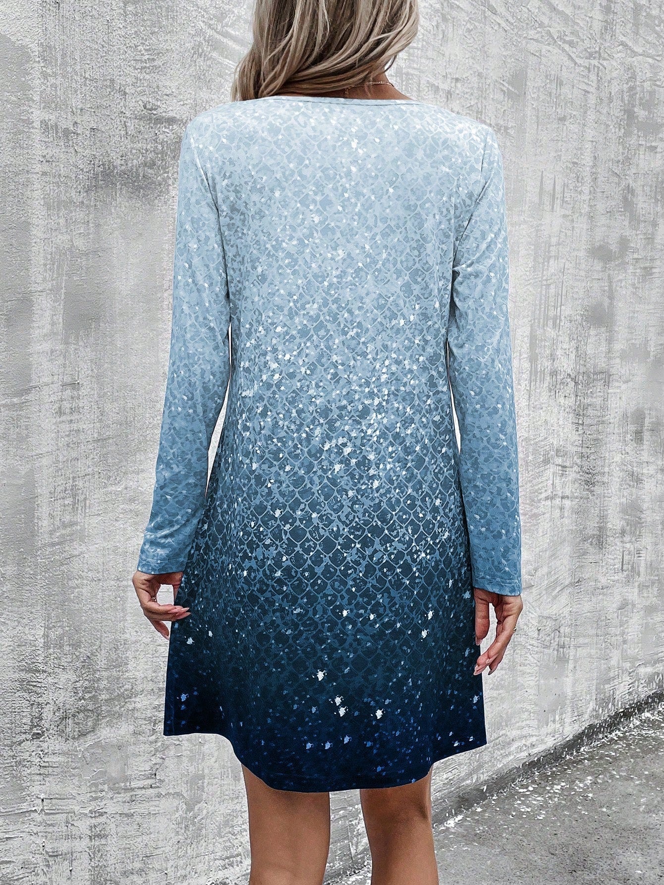 Enchanting Ombre: Round Neck Long Sleeve Dress