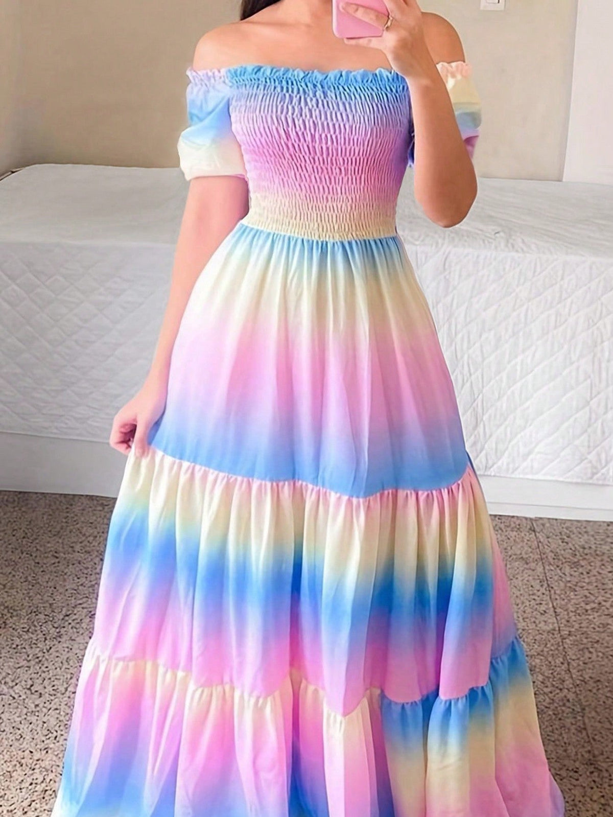 Stunning Sunset: Fashionable Gradient Off-Shoulder Shirred Maxi Dress