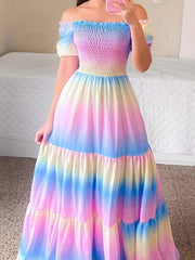 Stunning Sunset: Fashionable Gradient Off-Shoulder Shirred Maxi Dress