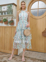 Floral Elegance: Embroidered Mesh Halterneck Cake Dress