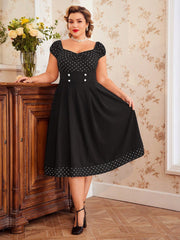 Retro Chic: Vintage Polka Dot Dress with Faux Pearl Accents and Puff Sleeves