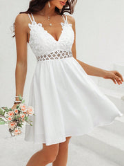 Summertime Chic: Women's Lace Splice Spaghetti Strap White Dress